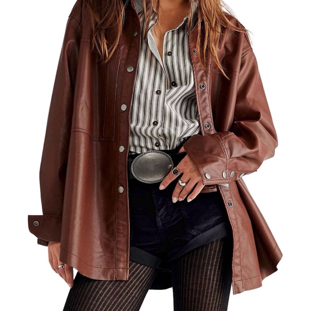 Free People We The Free Easy Rider Faux Leather Shacket Brown, M - Picture 5 of 15